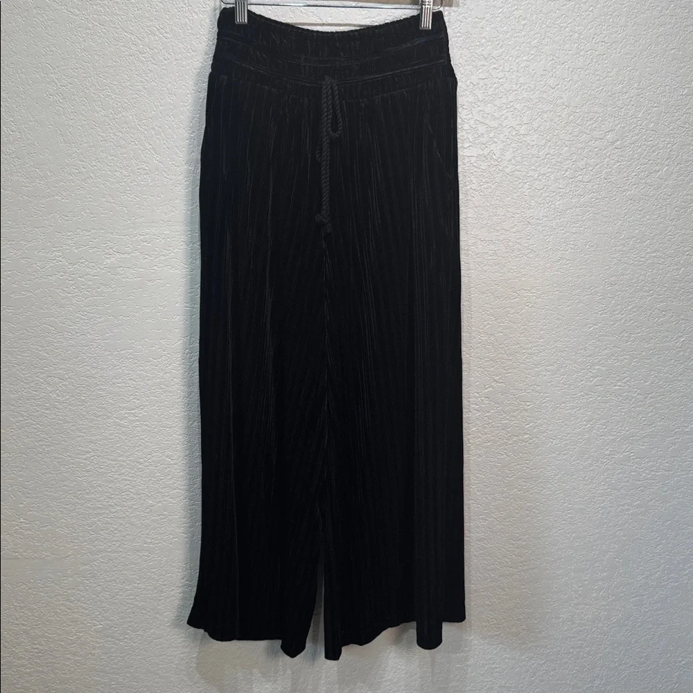 Gigio Women Small Black Wide-Leg Textured Velvet Tie Elastic Waist Pants NWT
